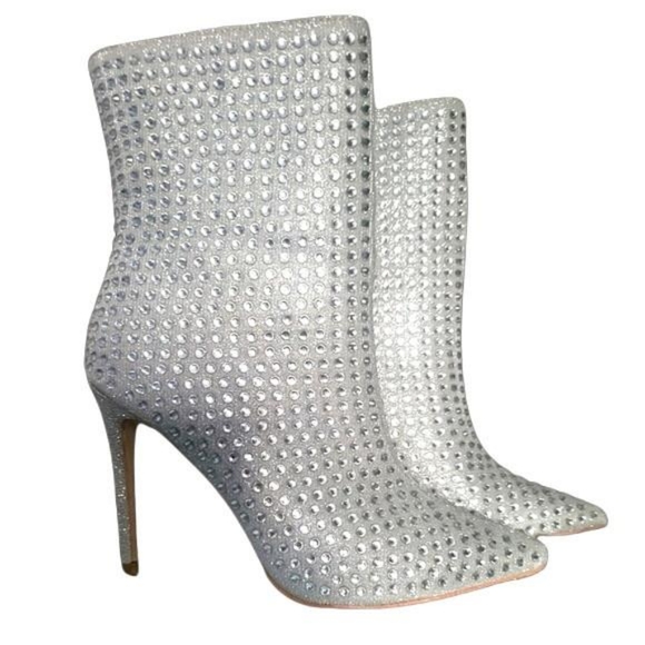 New Silver Sparkle Crystal Studded Mid Calf Ankle Boots - Picture 2 of 3